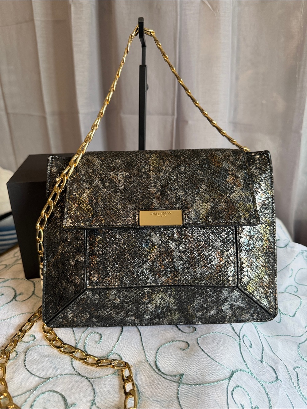 henri bendel Metallic Black Shoulder Bag with Gold Chain